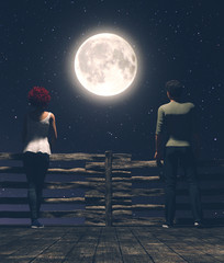 distance between us,man and woman on the wooden bridge at night with the moon background,3d illustra