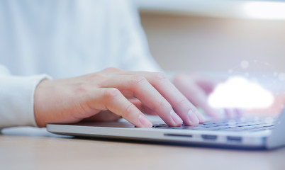 Wall Mural - close up computer programmer man hand typing on keyboard for transfer or synch data upload and download from cloud computing with virtual interface in operation room, technology business concept	