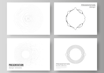 The minimalistic abstract vector illustration layout of the presentation slides design business templates. Trendy modern science or technology background with dynamic particles. Cyberspace grid.