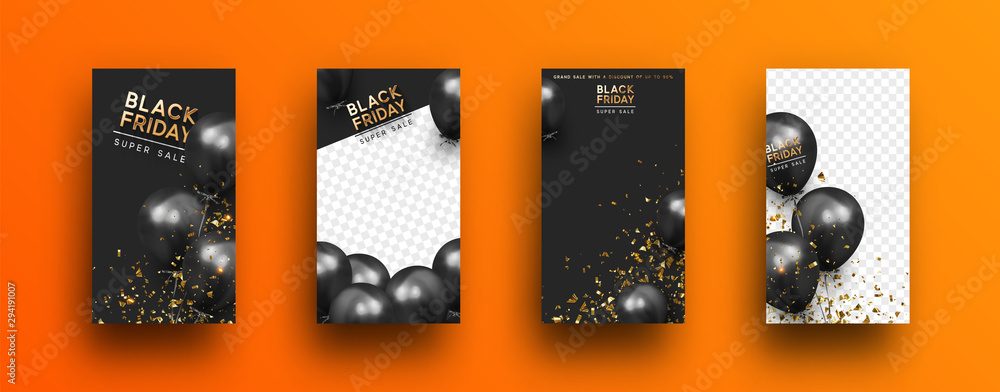 Black Friday. Festive background with helium balloons. Poster, banner, happy anniversary. 3d object ballon with ribbon and confetti. Story template, copy space for text. social media. Social network - obrazy, fototapety, plakaty 