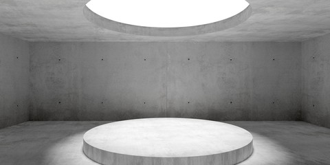 abstract empty, modern concrete room with lighting from circular window in ceiling and platform - in