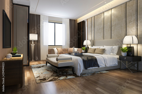 3d rendering beautiful luxury bedroom suite in hotel with tv and working table Tableau sur Toile