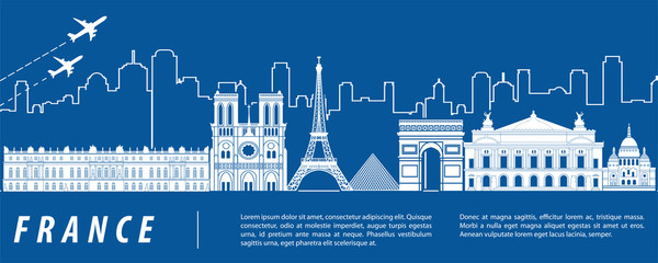 Wall Mural - France famous landmark silhouette with blue and white color design