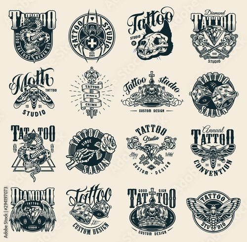 Vintage monochrome tattoo studio labels