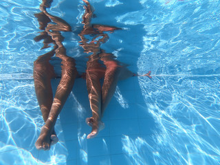 Two Girls Relaxing Her Feet At Swimming Pool underwater view