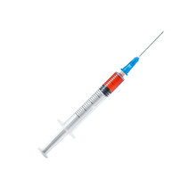 Medical Syringe With Needle And Red Liquid Vaccine Medicine Isolated On White Background