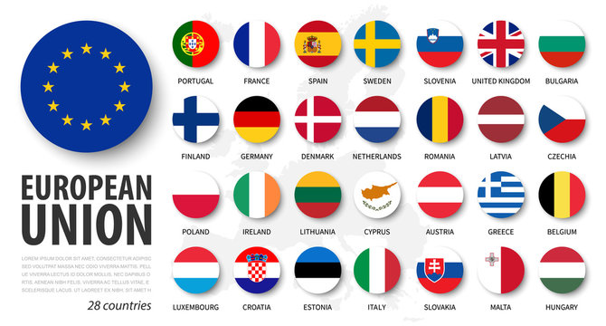 Fototapete - European union . EU and membership flags . Flat circle element design . White isolated background and europe map . Vector .