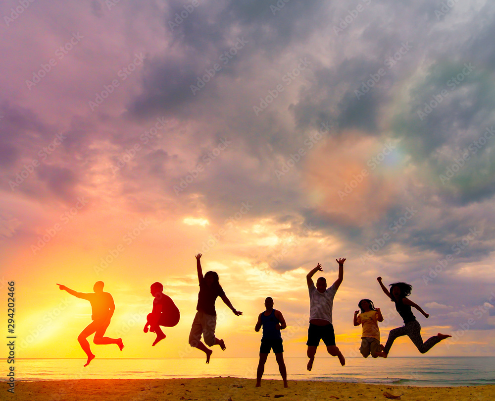 Happy family people group celebrate jump for good life on weekend concept for win victory, person faith in financial freedom healthy wellness, Great insurance team support retreat together in summer. - obrazy, fototapety, plakaty 