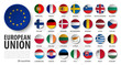 © stockdevil - European union . EU and membership flags . 3D sink circle button element design . White isolated background and europe map . Vector .
