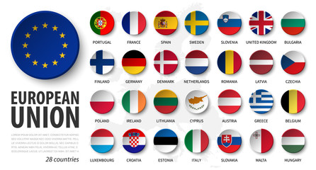 Wall Mural - European union . EU and membership flags . 3D sink circle button element design . White isolated background and europe map . Vector .