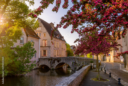 Eure River embankment with old houses in a small town Chartres, France