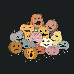 Wall Mural - Vector Halloween illustration of pile of pumpkins with carved eyes and smiles with differrent face expressions. Flat style design for halloween greeting card, poster, web, banner