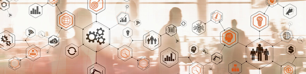Wall Mural - business structure diagram. gears mechanis and social media on virtual screen