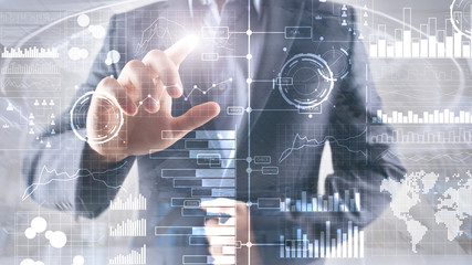 Wall Mural - business intelligence. diagram, graph, stock trading, investment dashboard, transparent blurred back