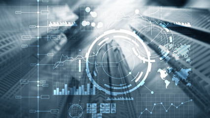 Financial dashboard with business intelligence BI. Blurred megapolis