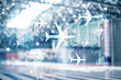 World map with flight routes airplanes. Global Aviation Business Tourism. Double exposure background
