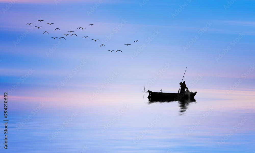 pescador en su barco de madera por el mar en calma al amanecer - obrazy, fototapety, plakaty 