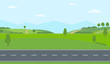 Straight empty road through the countryside. Green hills, blue sky, meadow and mountains. Summer landscape vector illustration.