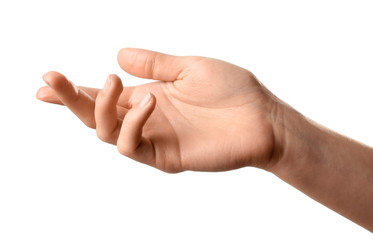 Wall Mural - woman holding hand on white background, closeup