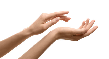 Woman with beautiful hands on white background, closeup