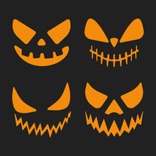 Halloween Pumpkins Stencil Template Set Isolated On Black Background. Vector Illustration