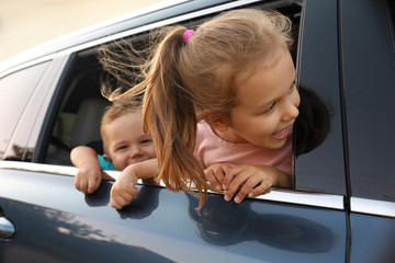 Wall Mural - Happy little kids looking from family car outdoors