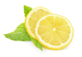 Fototapete - Isolated lemon and mint. Two pieces of lemon fruit and fresh mint leaves isolated on white background with clipping path