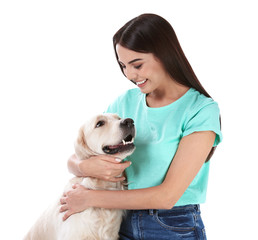 Canvas Print - Young woman and her Golden Retriever dog on white background