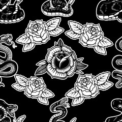 Wall Mural - Seamless pattern with snakes and roses. Design element for poster, card, banner, t shirt. Vector illustration