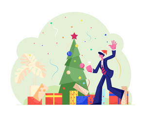 Wall Mural - New Year Corporate Party. Happy Businessman Joyful Manager Wearing Santa Hat with Champagne Glass in Hand Celebrate Christmas Holiday in Office with Decorated Fir Tree Cartoon Flat Vector Illustration