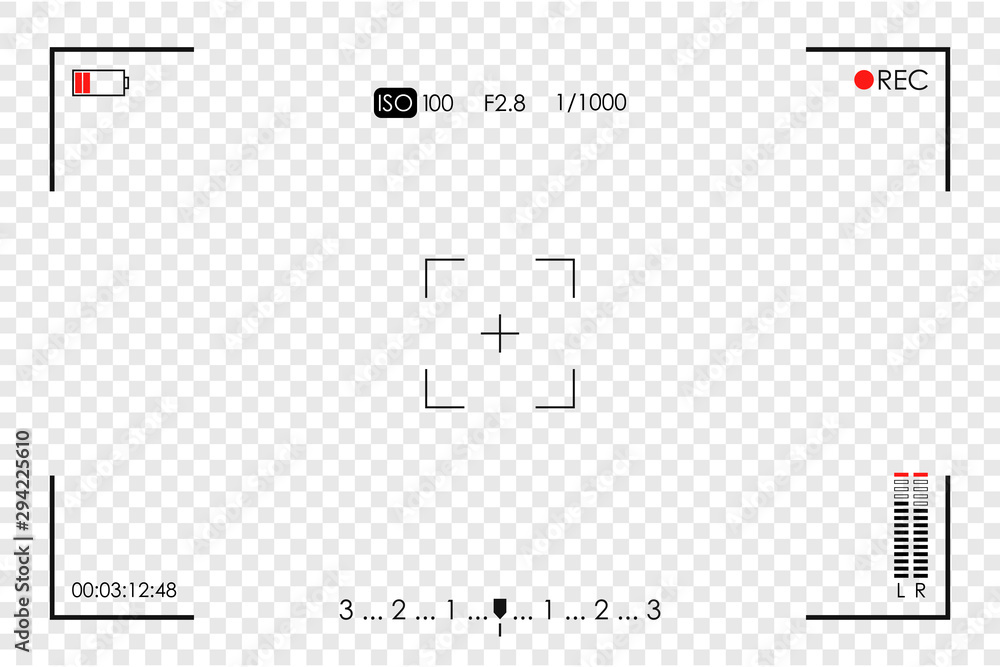 Camera frame viewfinder. Screen of video recorder, video camera digital display template on transparent background. Vector illustration. - obrazy, fototapety, plakaty 