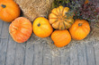 Different varieties of pumpkins on straw. Ripe orange pumpkins, top view. Autumn harvest. farm seasonal festival market. fall time. Thanksgiving day, Halloween background. copy space