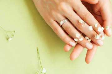 Wall Mural - pretty perfect woman hands with white manicure and little flowers on colorful green background, spa concept closeup