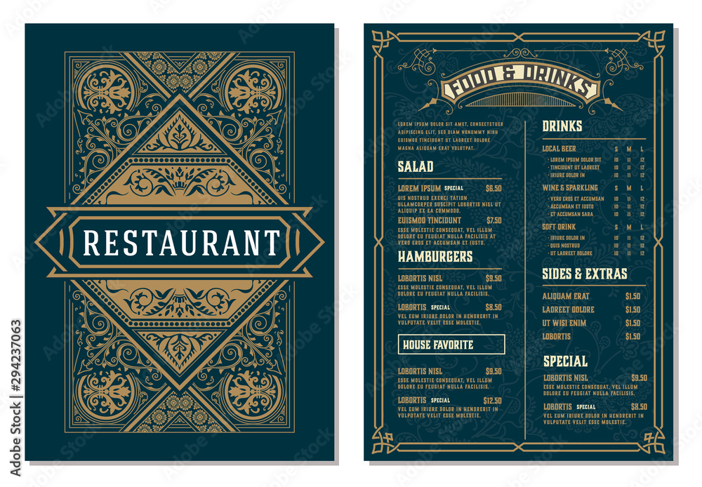 Vintage template for  restaurant menu design. Vector layered. - obrazy, fototapety, plakaty 