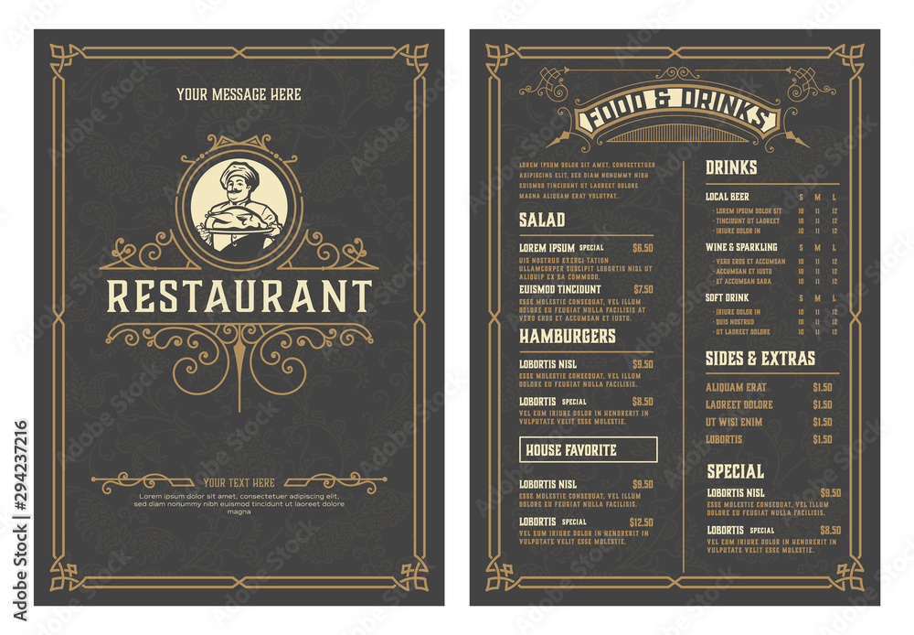 Antique  template for  restaurant menu design with Chef illustration. Vector layered. - obrazy, fototapety, plakaty 