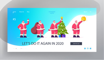 Wall Mural - Father Noel Congratulation Website Landing Page. Cute Santa Claus Character in Red Costume Greeting with Xmas and New Year Season. Merry Christmas Web Page Banner. Cartoon Flat Vector Illustration