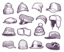 Sketch Hats. Fashion Mens Caps Design. Sports And Knitted, Baseball And Trucker Cap, Seasonal Headwear Drawing Vector Collection