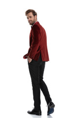 Canvas Print - fashion model walking and wearing red velvet tuxedo