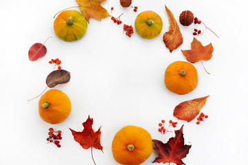 Autumn composition. Pumpkins, dried leaves on white background. Autumn, halloween concept. Flat lay, top view