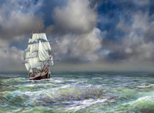 Old Ship On The Sea. Digital Oil Paintings Sea Landscape. Fine Art, Artwork