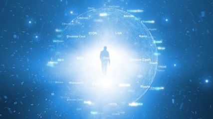 Wall Mural - businessman in digital cryptocurrency computer network.