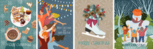 Set Of Vector Christmas Cards With Gingerbread Cookies, Children Making A Snowman, Dancing People And Skates With Fir Branches And Cones. Cute Hand Draw Illustration