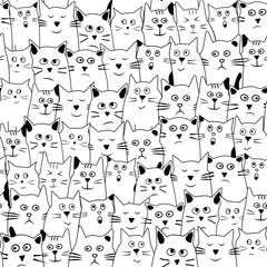 Wall Mural - Funny seamless pattern with cartoon cats hand drawn with differents emotions, black and white design. Vector illustration