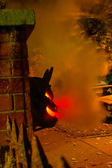 Wall Mural - Spooky mask on fence shoots out fog