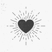 Heart Icon With Light Rays. Vintage Heart With Stamp Effect. Vector Illustration