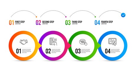 Naklejka na meble Quick tips, Contactless payment and Handshake line icons set. Timeline infographic. Like photo sign. Helpful tricks, Bank money, Deal hand. Thumbs up. People set. Quick tips icon. Vector