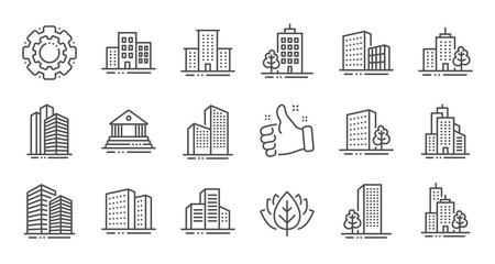 Wall Mural - Buildings line icons. Bank, Hotel, Courthouse. City, Real estate, Architecture buildings icons. Hospital, town house, museum. Urban architecture, city skyscraper. Linear set. Quality line set. Vector