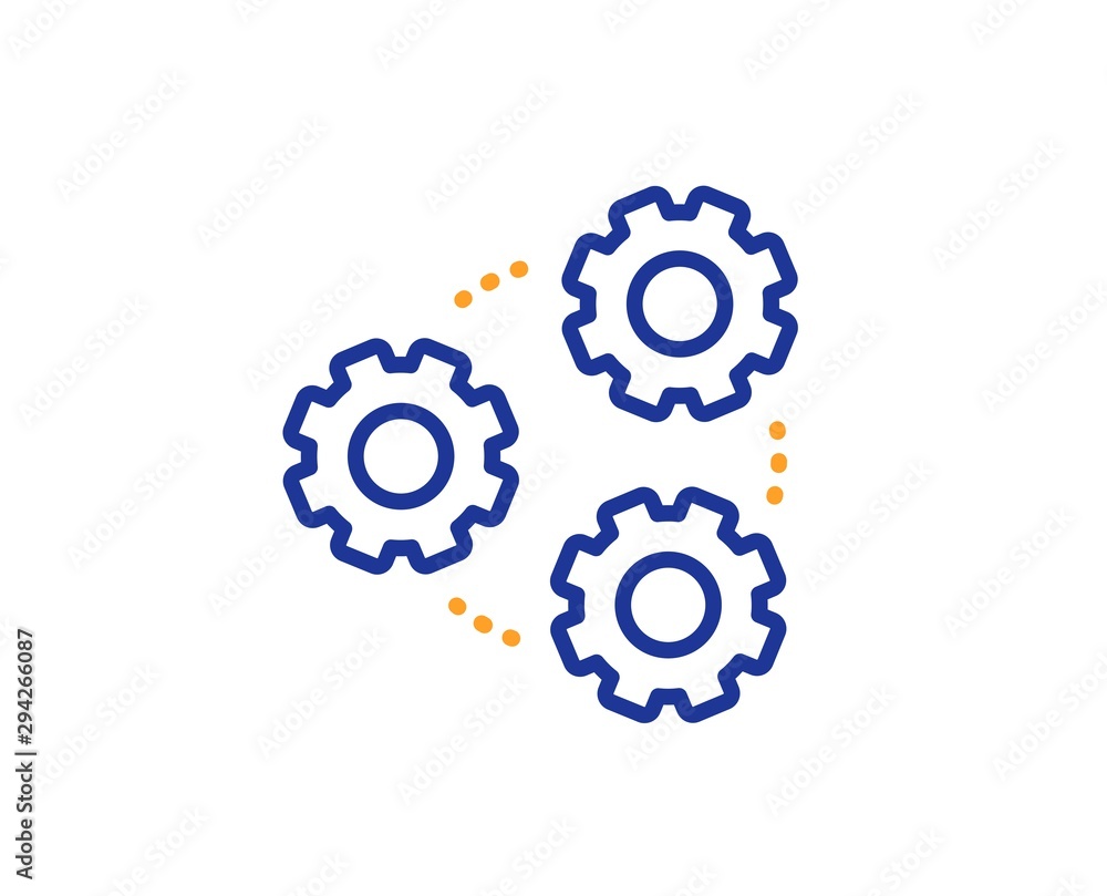 Teamwork cogwheel sign. Gears line icon. Working process symbol. Colorful outline concept. Blue and orange thin line gears icon. Vector