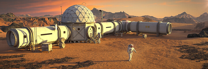 Wall Mural - Mars base with astronaut, habitat in martian landscape