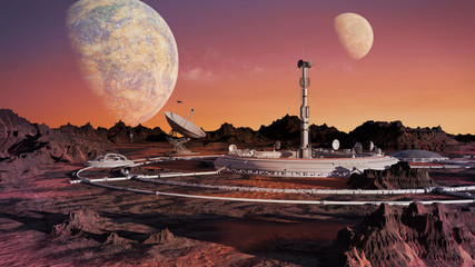 Wall Mural - research station on the surface of a beautiful alien planet, colony on exoplanet